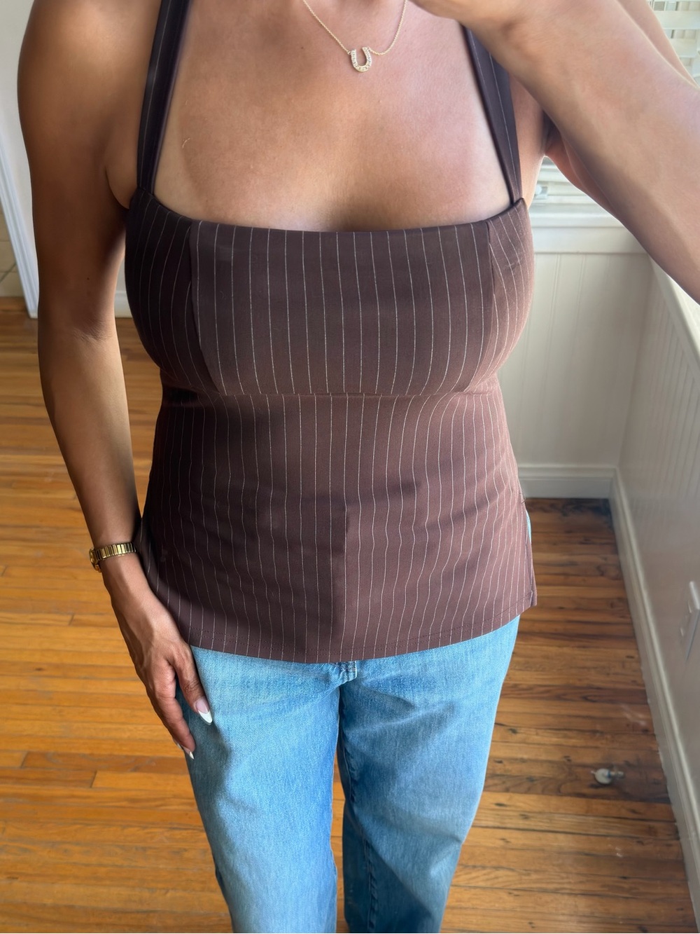 Brown Pinstripe Square-Neck Tank Top